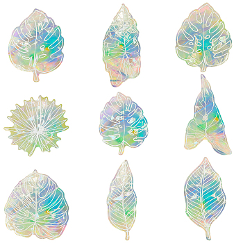 9Pcs Leaf Colorful Suncatcher Rainbow Prism Electrostatic Glass Stickers, Waterproof Laser PVC Window Static Decals, White, 126~167x57~123x0.2mm