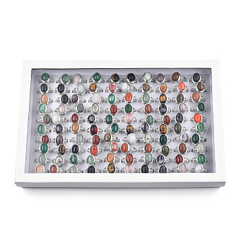 Natural Mixed Gemstone Oval Finger Rings, Platinum Plated Alloy Jewelry for Women, Inner Diameter: 17.5~20.1mm