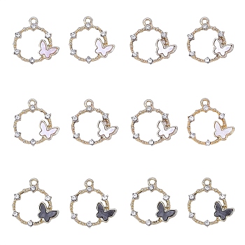 15Pcs 3 Colors Alloy Enamel Pendants, with Rhinestone, Wreath with Butterfly, Golden, 19.5x18.5mm, Hole: 1.6mm