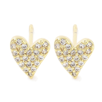 Brass Micro Pave Clear Cubic Zirconia Studs Earring for Women, Heart, Real 18K Gold Plated, 7x6mm