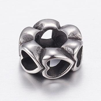 304 Stainless Steel European Beads, Large Hole Beads, Flower with Heart, Antique Silver, 11x5mm, Hole: 5mm