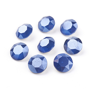 Pointed Back & Back Plated Glass Rhinestone Cabochons, Grade A, Imitation Jade Style, Mocha Style,  Faceted, Flat Round, Capri Blue, 8x4.5mm