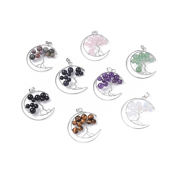 Natural & Synthetic Mixed Gemstone Big Pendants, with Platinum Tone Brass Findings, Moon with Tree, 50~53x41~43x8~10mm, Hole: 7x5mm