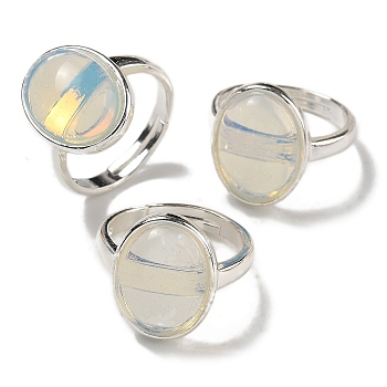 Opalite Oval Adjustable Rings, Lead Free & Cadmium Free, Silver Plated Brass Finger Rings for Women Men, Oval: 18x14mm, Inner Diameter: 18mm