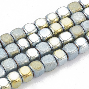 Electroplate Non-magnetic Synthetic Hematite Beads Strands, Half Matte Style, Cube, Green Plated, 4x4x4mm, Hole: 1mm, about 100pcs/strand, 16.5 inch
