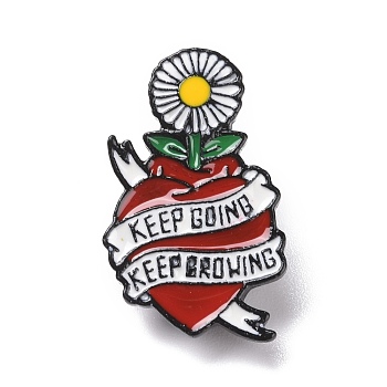 Word Keep Going Keep Growing Enamel Pin, Heart with Sunflower Alloy Badge for Backpack Clothing, Electrophoresis Black, Red, 32x20x1.5mm, Pin: 1.3mm