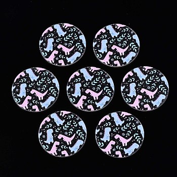 Transparent Printed Acrylic Pendants, with Glitter Powder, Flat Round with Dinosaur, Pink, 38x2.5mm, Hole: 1.4mm