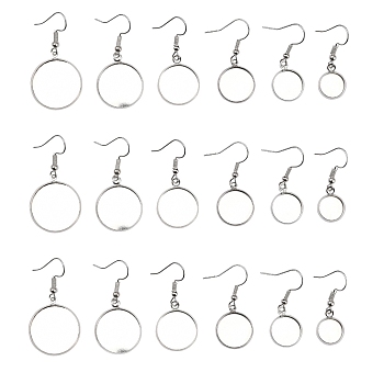 Iron Earring Hooks, Ear Wire, with Blank Pendant Trays, Flat Round Setting for Cabochon, Platinum, 10~20mm, 30pcs/Box