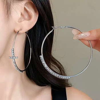 Cross Alloy Crystal Rhinestone Hoop Earrings, Platinum, 70mm