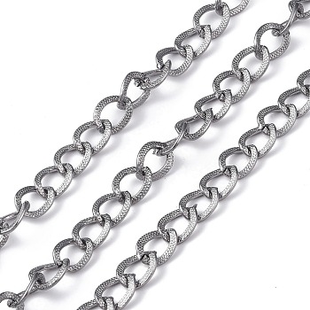 Oval Oxidation Aluminum Curb Chains, Snakeskin Textured, Unwelded, Platinum, Link: 11~12x8~9x2mm, about 30 yards/roll