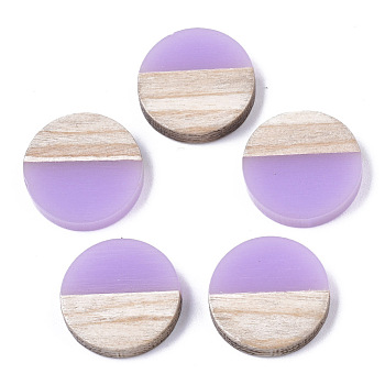 Resin & Wood Cabochons, Flat Round, Two Tone, Lilac, 15x3.5mm
