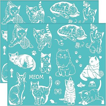 Self-Adhesive Silk Screen Printing Stencil, for Painting on Wood, DIY Decoration T-Shirt Fabric, Turquoise, Cat Pattern, 220x280mm