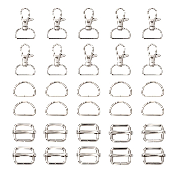 Bag Clasps Set, Including Zinc Alloy Swivel D Rings Lobster Claw Clasps & Brass Bags Buckle & Iron D Rings, for Purse Making, Platinum, 16.5~38x22~24mm, Hole: 8mm