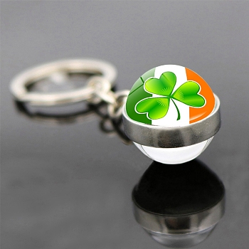Saint Patrick's Day Glass Double-sided Ball Keychains, with Alloy Finding, for Backpack, Keychain Decor, Clover Pattern, Platinum, 8cm
