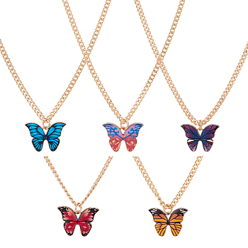 5Pcs 5 Colors Butterfly Alloy Enamel Pendant Necklaces for Women, Mixed Color, 24.80 inch(63cm), 1pc/color