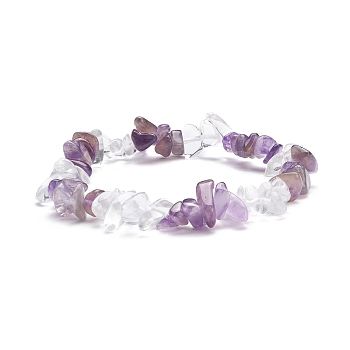 Natural Amethyst & Quartz Crystal Chips Beads Stretch Bracelet for Women, Inner Diameter: 1-7/8~2 inch(4.8~5cm)