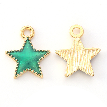 Alloy Enamel Charms, Star, Light Gold, Light Sea Green, 15x13x2mm, Hole: 1.6mm