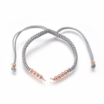 Nylon Cord Braided Bead Bracelets Making, with Brass Beads, Long-Lasting Plated, Real Rose Gold Plated, Light Grey, 10-1/4 inch~11-5/8 inch(26~29.6cm)