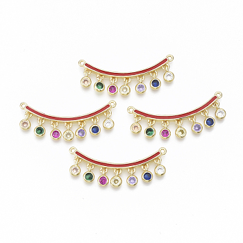 Brass Micro Pave Cubic Zirconia Links connectors, with Enamel, Curved, Strip with Flat Round, Golden, Red, 15x36x2.5mm, Hole: 1.2mm