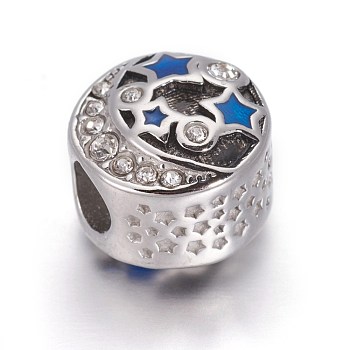 Retro 304 Stainless Steel European Beads, with Enamel and Rhinestone, Large Hole Beads, Flat Round with Star and Moon, Antique Silver, Blue, 11.5x9.5mm, Hole: 4.5mm