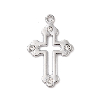 Alloy with Rhinestone Pendants, Cross Charms, Platinum, 41x26x2.5mm, Hole: 2.5mm