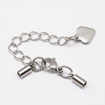 304 Stainless Steel Chain Extender, with Cord Ends, Curb Chains and Lobster Claw Clasps, Stainless Steel Color, 29mm, Cord End: 8.5x2.5mm, Inner Diameter: 2mm