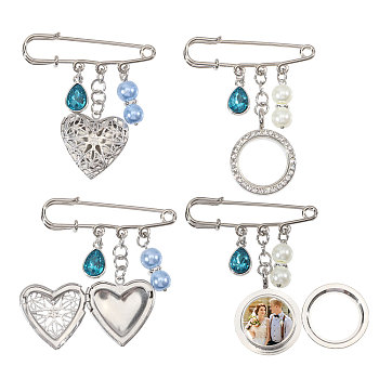 4Pcs 2 Styles 316 Stainless Steel and Alloy Diffuser Locket Pendants Brooches Sets, with Baking Paint Pearlized Glass Pearl Round Bead for Scarves Sweater, Mixed Color, 57~62.5x50mm, 2pcs/style