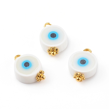 Handmade Polymer Clay Charms, with Golden Brass Loops, Flat Round with Evil Eye, White, 14x10x4mm, Hole: 2mm