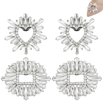 4Pcs 2 Styles Alloy Shoe Decorations, with Glass, Detachable Shoe Buckle Clips, Rectangle & Heart, Mixed Shapes, 58.5~59x59~67.5x9~9.5mm, 2pcs/style