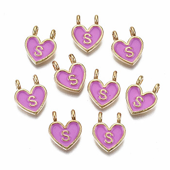 Alloy Enamel Charms, Cadmium Free & Lead Free, Heart with Initial Letters, Light Gold, Orchid, Letter.S, 14.5x11.5x4.5mm, Hole: 2mm
