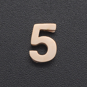 201 Stainless Steel Charms, for Simple Necklaces Making, Laser Cut, Number, Rose Gold, Num.5, 8x5.5x3mm, Hole: 1.6mm