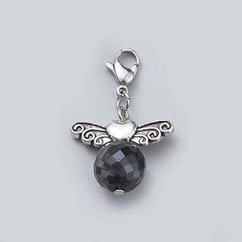 Faceted Glass Pendants, with Wing Shape Alloy Beads and 304 Stainless Steel Lobster Claw Clasps, Black, 35mm
