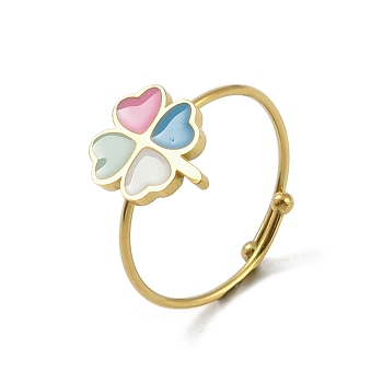 Clover 304 Stainless Steel Enamel Ring, 316 Surgical Stainless Steel Open Cuff Ring for Women, Real 18K Gold Plated, Adjustable