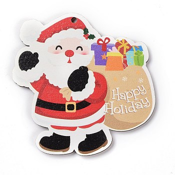 Christmas Wood Big Pendants, Santa Claus with Word Happy Holiday, Red, 88x87x3.5mm, Hole: 3mm
