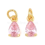 Brass Pave Cubic Zirconia Charms, Teardrop Charms, Single Stone Charms, Rack Plating, Long-Lasting Plated, Lead Free & Cadmium Free, Golden, Pink, 10x5.5x3.5mm, Hole: 2.5mm(KK-K340-51G-03)