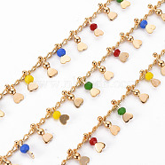 Handmade Brass Curb Chains, with Glass Beads, Soldered, Spool, Heart Charms, Real 18K Gold Plated, Colorful, 2.5x1.5x0.3mm, about 16.4 Feet(5m)/roll(CHC-S012-023A)