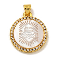 Rack Plating Brass Micro Pave Clear Cubic Zirconia Flat Round Pendants, Carved Natural White Shell Charms, Golden, Crown, 22.5x19x3.5mm, Hole: 5X2.5mm(KK-U025-10G-09)