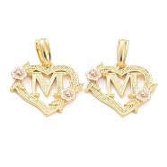 Real 18K Gold Plated Brass  Pendants, Heart with Alphabet, Letter.M, 18x20x3mm, Hole: 6.5x3mm(KK-J042-43G-M)