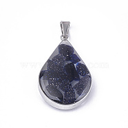 Synthetic Blue Goldstone Pendants, with Glass and 304 Stainless Steel Findings, teardrop, Stainless Steel Color, 26.5~27x17~17.5x6.5~7mm, Hole: 3x5.5mm(STAS-T043-02K)