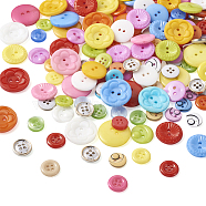 350Pcs 7 Style Plastic Buttons, Flat Round, Mixed Color, 11~22.5x2~3.5mm, Hole: 1.5~2mm, 50pcs/style(BUTT-FW0001-01)
