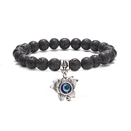 Round Natural Lava Rock Beaded Stretch Bracelet, Alloy Lotus with Resin Evil Eye Charm Yoga Bracelet for Women, Black, Inner Diameter: 2-1/4 inch(5.8cm)(BJEW-JB08260)