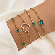 4Pcs 4 Styles Alloy Chain Bracelet & Bangle Set for Women, with Rhinestone & Glass, Green, 7-7/8 inch(20cm)(WG6073F-03)