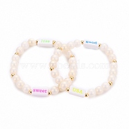 (Jewelry Parties Factory Sale)Stretch Bracelets, with Acrylic Beads and Golden Plated Brass Beads, Rubberized, Round & Rectangle with Word, Creamy White, Inner Diameter: 1-3/4 inch(4.6cm)(BJEW-JB05681-02)