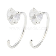 999 Sterling Silver Micro Pave Clear Cubic Zirconia Pull Through Earrings, Silver, Heart, 12x4mm(EJEW-P296-28B-S)