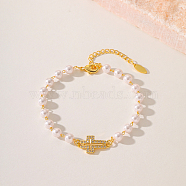 Fashionable Cross Brass Crystal Rhinestone & Imitaiton Pearl Braided Bead Bracelets for Women, Real 18K Gold Plated(DV0214-1)