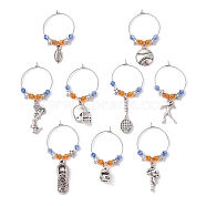 Sports Theme Tibetan Style Alloy Wine Glass Charms, with Imitate Austrian Crystal Bicone Glass Beads, Mixed Shapes, Mixed Shapes, 44~59mm, Pendants: 15~29x7~14.5x1.5~7.5mm(AJEW-JO00248)