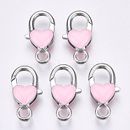 Alloy Enamel Lobster Claw Clasps, Cadmium Free & Lead Free, Platinum, Heart, Pearl Pink, 27x14x7mm, Hole: 4mm(PALLOY-Q441-031A-RS)