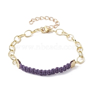 Waxed Cotton Cords Braided Link Bracelets, with Golden Brass Cable Chains, Purple, 7-1/8 inch(18cm)(BJEW-JB09963-03)