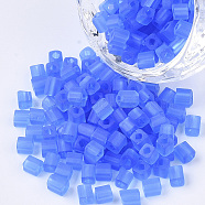6/0 Transparent Glass Seed Beads, Frosted Colours, Square Hole, Cube, Blue, 6/0, 3~5x3~4x3~4mm, Hole: 1.2~1.4mm, about 4500pcs/bag(SEED-S027-04B-04)