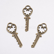 Alloy Key Pendants, Lead Free and Cadmium Free, Antique Bronze Color, about 38mm long, 13mm wide, 1.5mm thick(X-EA10901Y-AB)